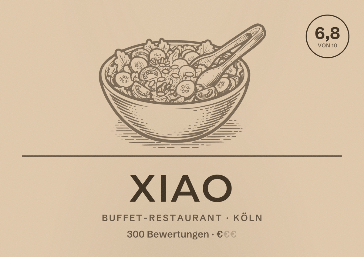 Illustriertes Poster von XIAO, Buffet-Restaurant in Köln: Bewertung 6,8 von 10 aus 300 Bewertungen, Preisniveau €
