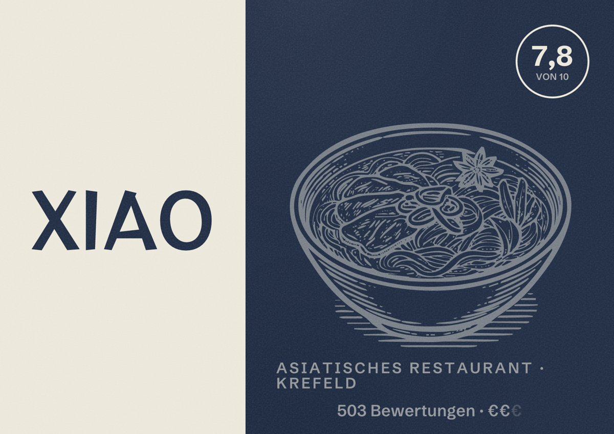 Illustriertes Poster von XIAO, Asiatisches Restaurant in Krefeld: Bewertung 7,8 von 10 aus 503 Bewertungen, Preisniveau €€