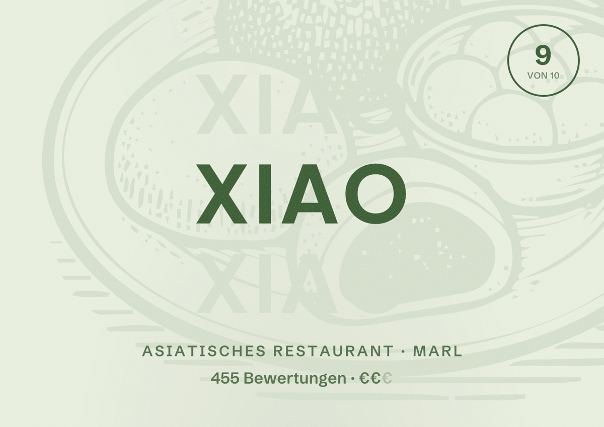 Illustriertes Poster von XIAO, Asiatisches Restaurant in Marl: Bewertung 9 von 10 aus 455 Bewertungen, Preisniveau €€