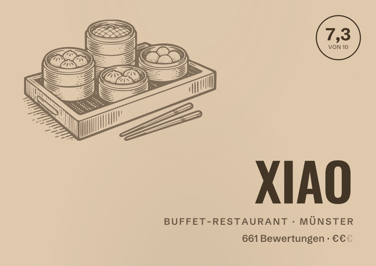 Illustriertes Poster von XIAO, Buffet-Restaurant in Münster: Bewertung 7,3 von 10 aus 661 Bewertungen, Preisniveau €€