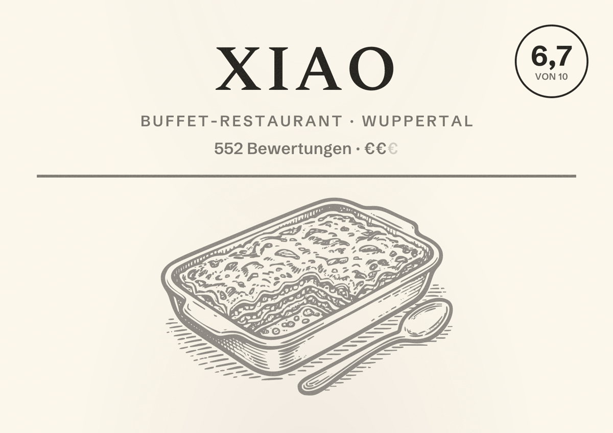 Illustriertes Poster von XIAO, Buffet-Restaurant in Wuppertal: Gästebewertung 6,7 von 10 aus 552 Bewertungen