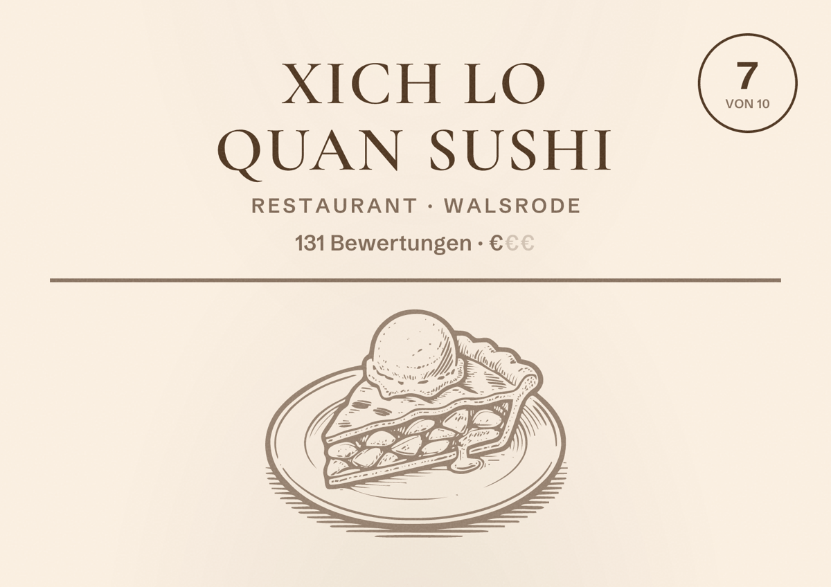 Illustriertes Poster von Xich Lo Quan Sushi, Restaurant in Walsrode: Bewertung 7 von 10 aus 131 Bewertungen, Preisniveau €