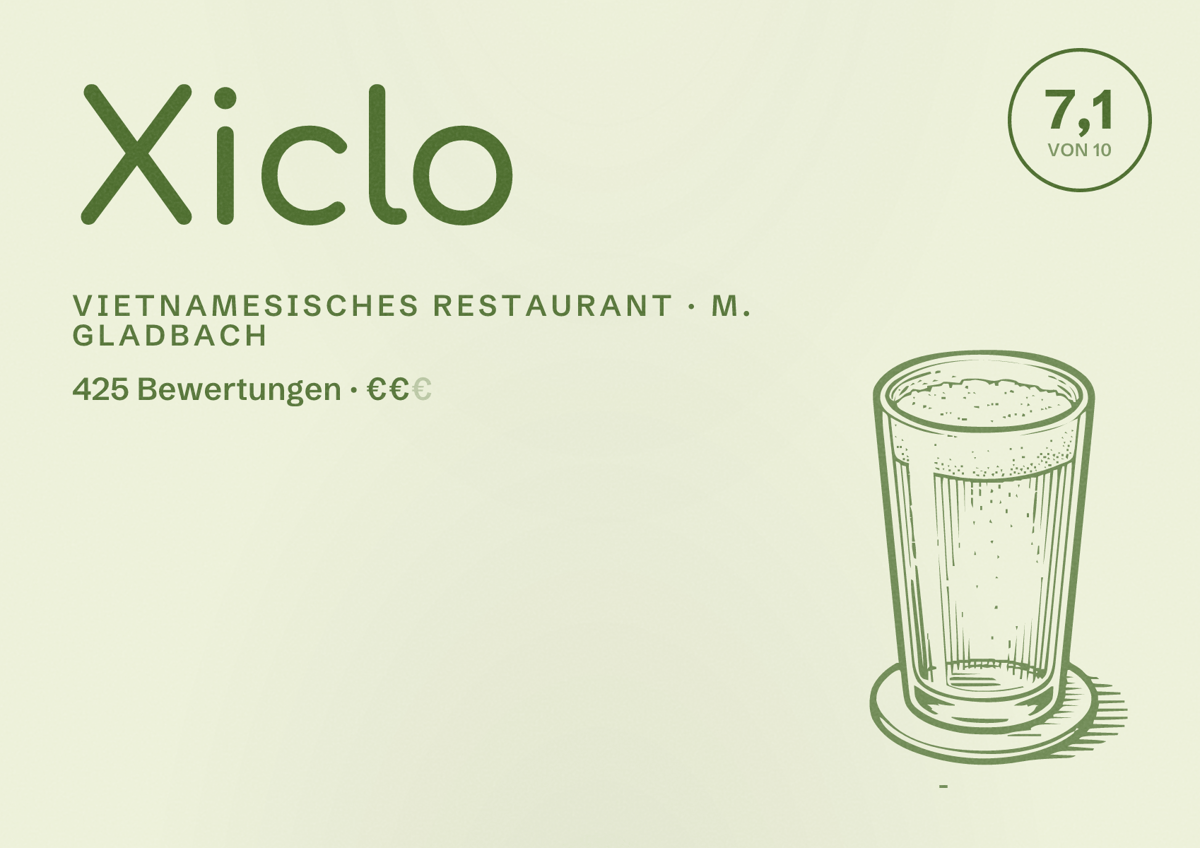 Illustriertes Poster von Xiclo, Vietnamesisches Restaurant in M. Gladbach: Bewertung 7,1 von 10 aus 425 Bewertungen, Preisniveau €€