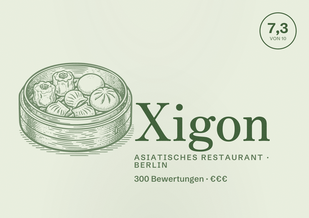 Illustriertes Poster von Xigon, Asiatisches Restaurant in Berlin: Bewertung 7,3 von 10 aus 300 Bewertungen, Preisniveau €€€