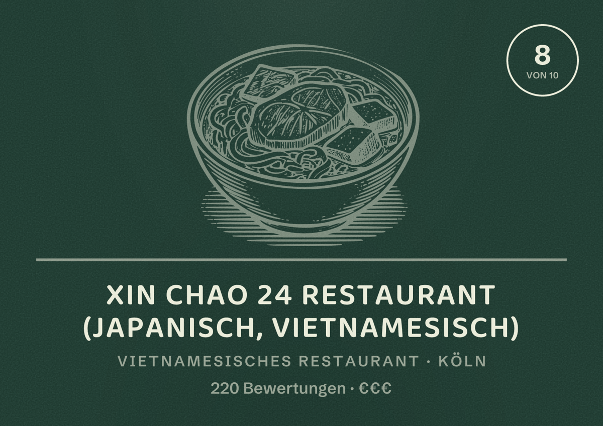 Illustriertes Poster von Xin Chao 24 Restaurant (Japanisch, Vietnamesisch), Vietnamesisches Restaurant in Köln: Bewertung 8 von 10 aus 220 Bewertungen, Preisniveau €€€
