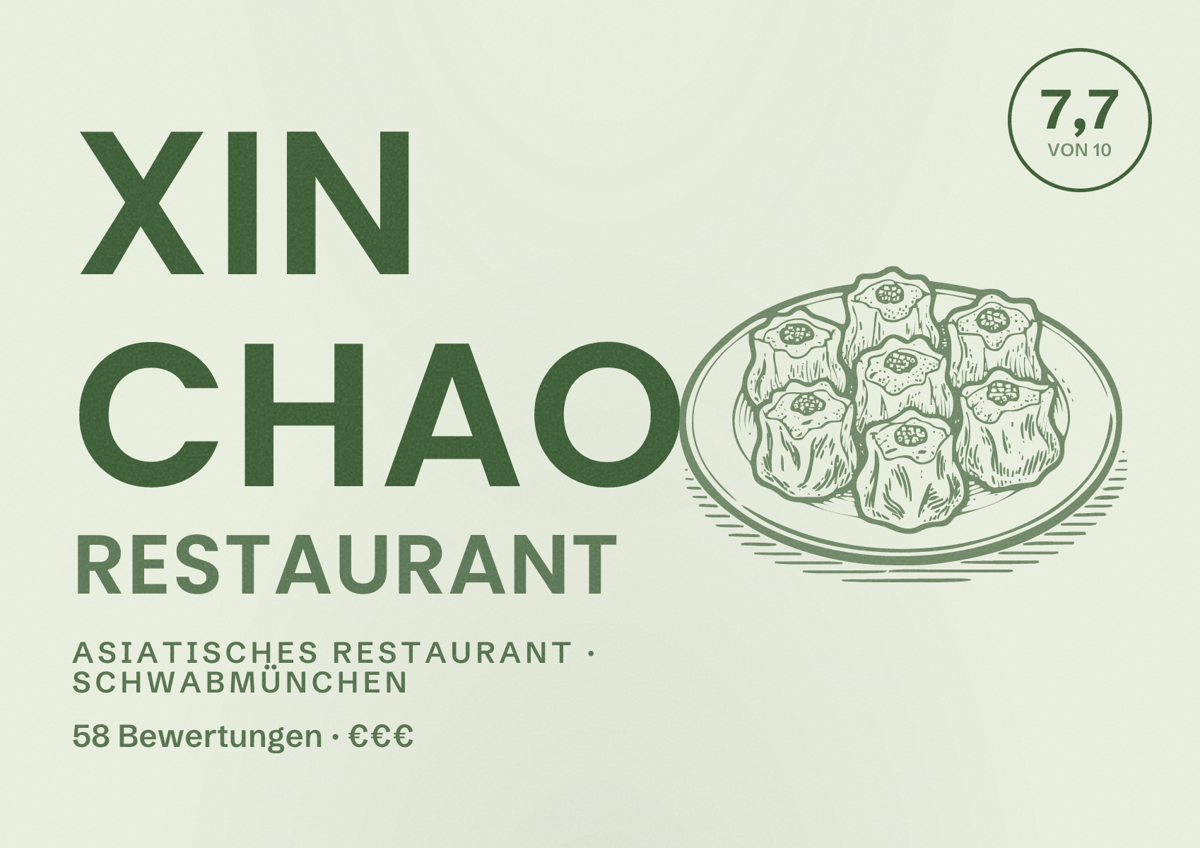 Illustriertes Poster von Xin Chao Restaurant, Asiatisches Restaurant in Schwabmünchen: Bewertung 7,7 von 10 aus 58 Bewertungen, Preisniveau €€€