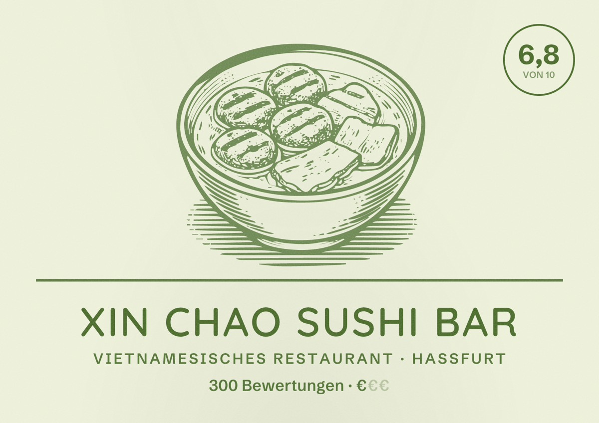 Illustriertes Poster von Xin Chao Sushi Bar, Vietnamesisches Restaurant in Haßfurt: Bewertung 6,8 von 10 aus 300 Bewertungen, Preisniveau €
