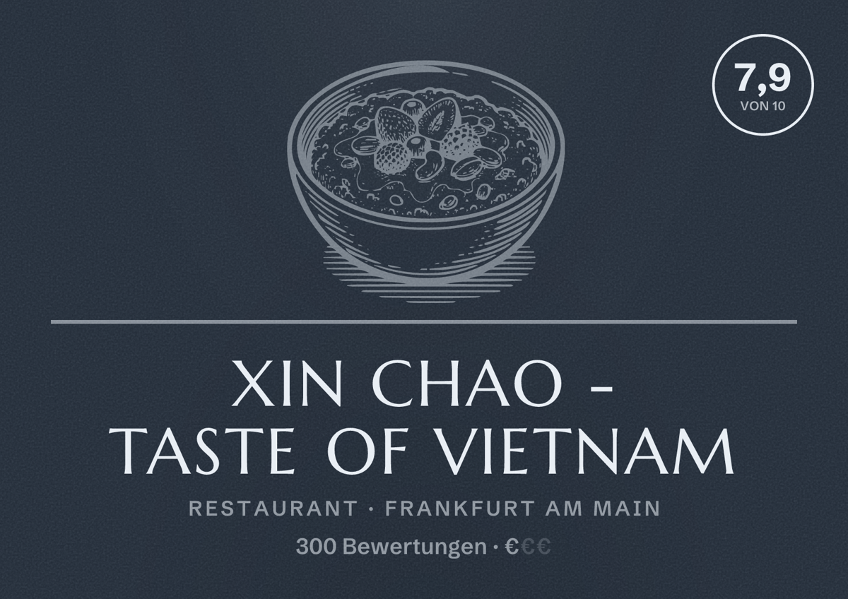 Illustriertes Poster von Xin Chao - Taste of Vietnam, Restaurant in Frankfurt am Main: Bewertung 7,9 von 10 aus 300 Bewertungen, Preisniveau €
