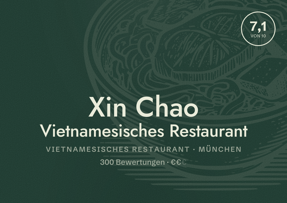 Illustriertes Poster von Xin Chao Vietnamesisches Restaurant, Vietnamesisches Restaurant in München: Bewertung 7,1 von 10 aus 300 Bewertungen, Preisniveau €€