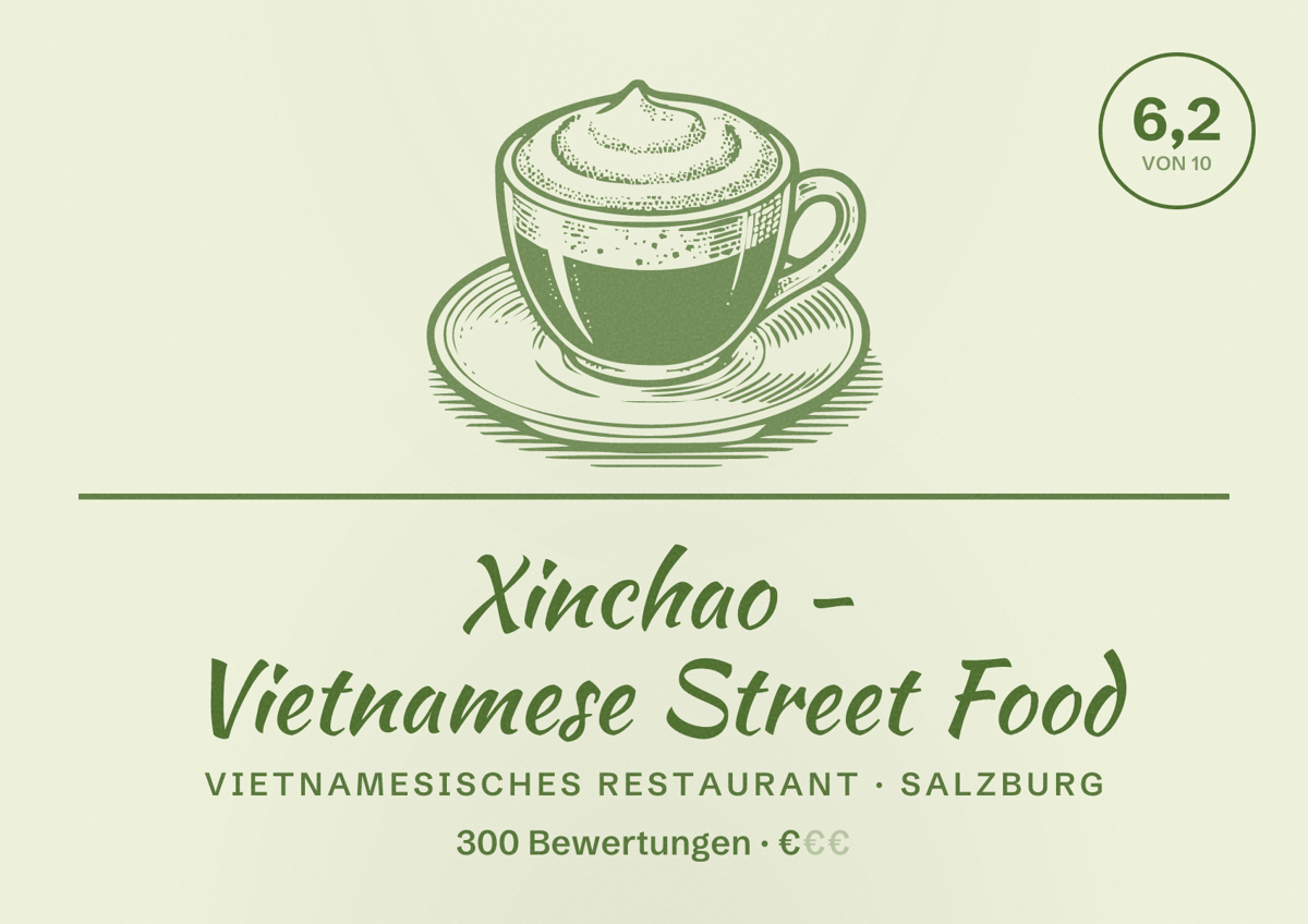 Illustriertes Poster von Xinchao - Vietnamese Street Food, Vietnamesisches Restaurant in Salzburg: Bewertung 6,2 von 10 aus 300 Bewertungen, Preisniveau €