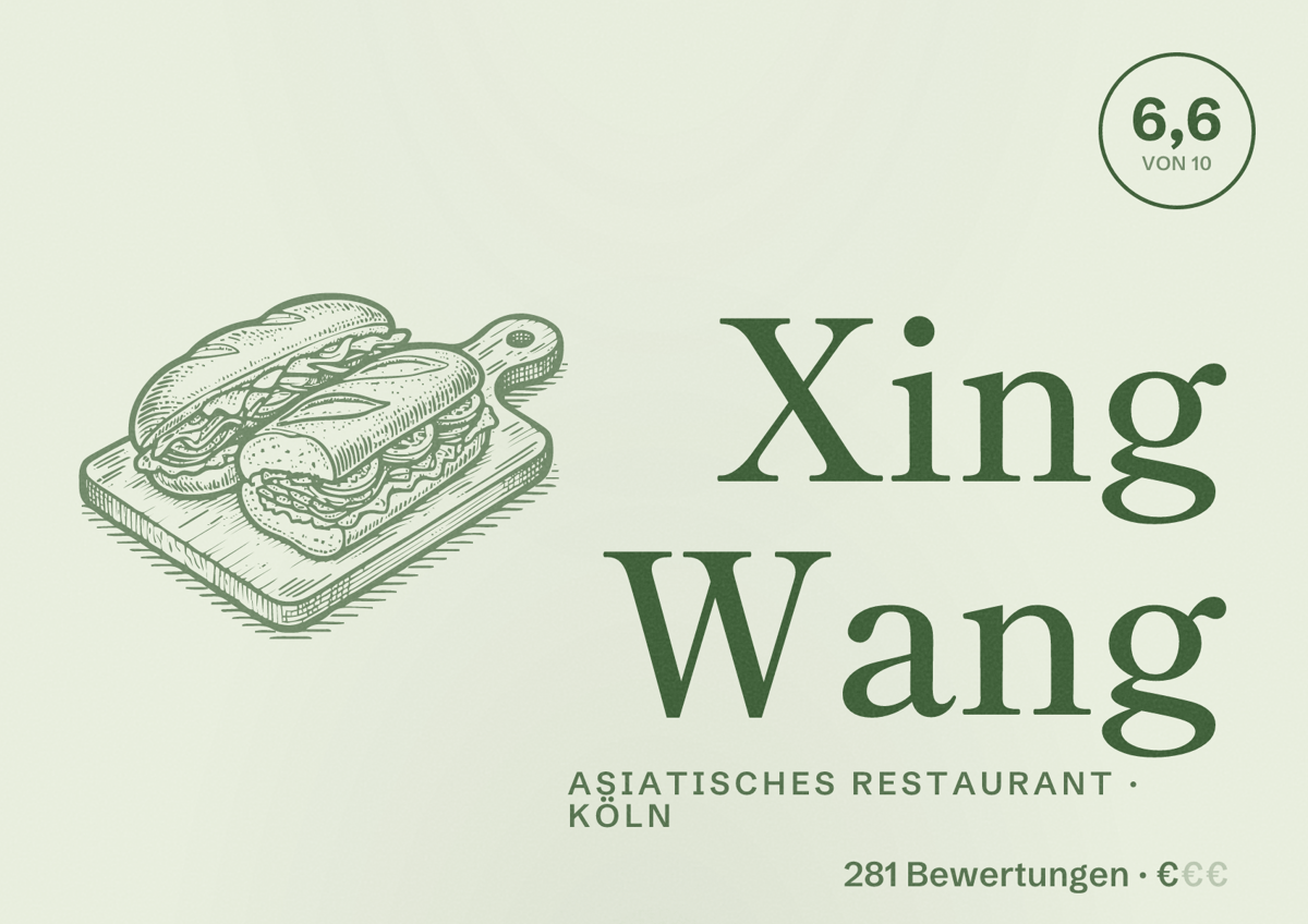 Illustriertes Poster von Xing Wang, Asiatisches Restaurant in Köln: Bewertung 6,6 von 10 aus 281 Bewertungen, Preisniveau €