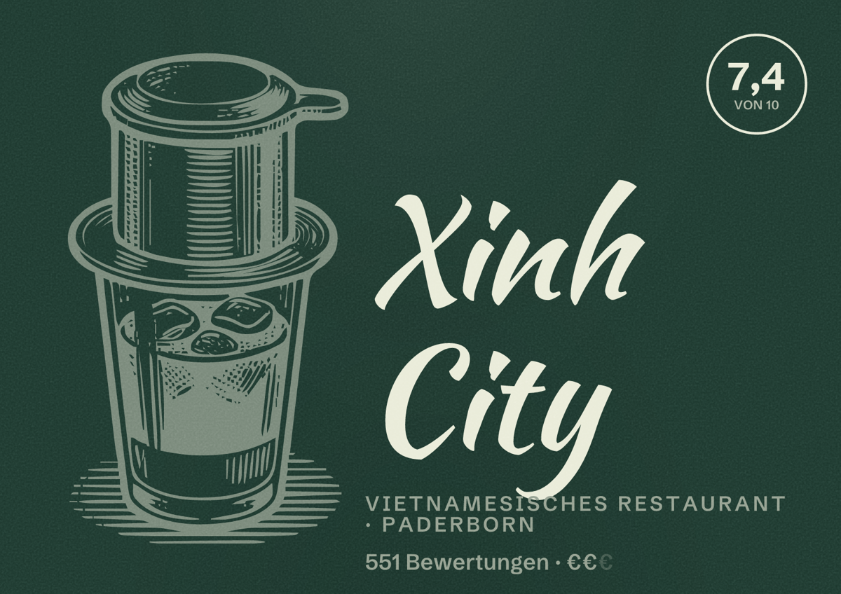 Illustriertes Poster von Xinh City, Vietnamesisches Restaurant in Paderborn: Gästebewertung 7,4 von 10 aus 551 Bewertungen