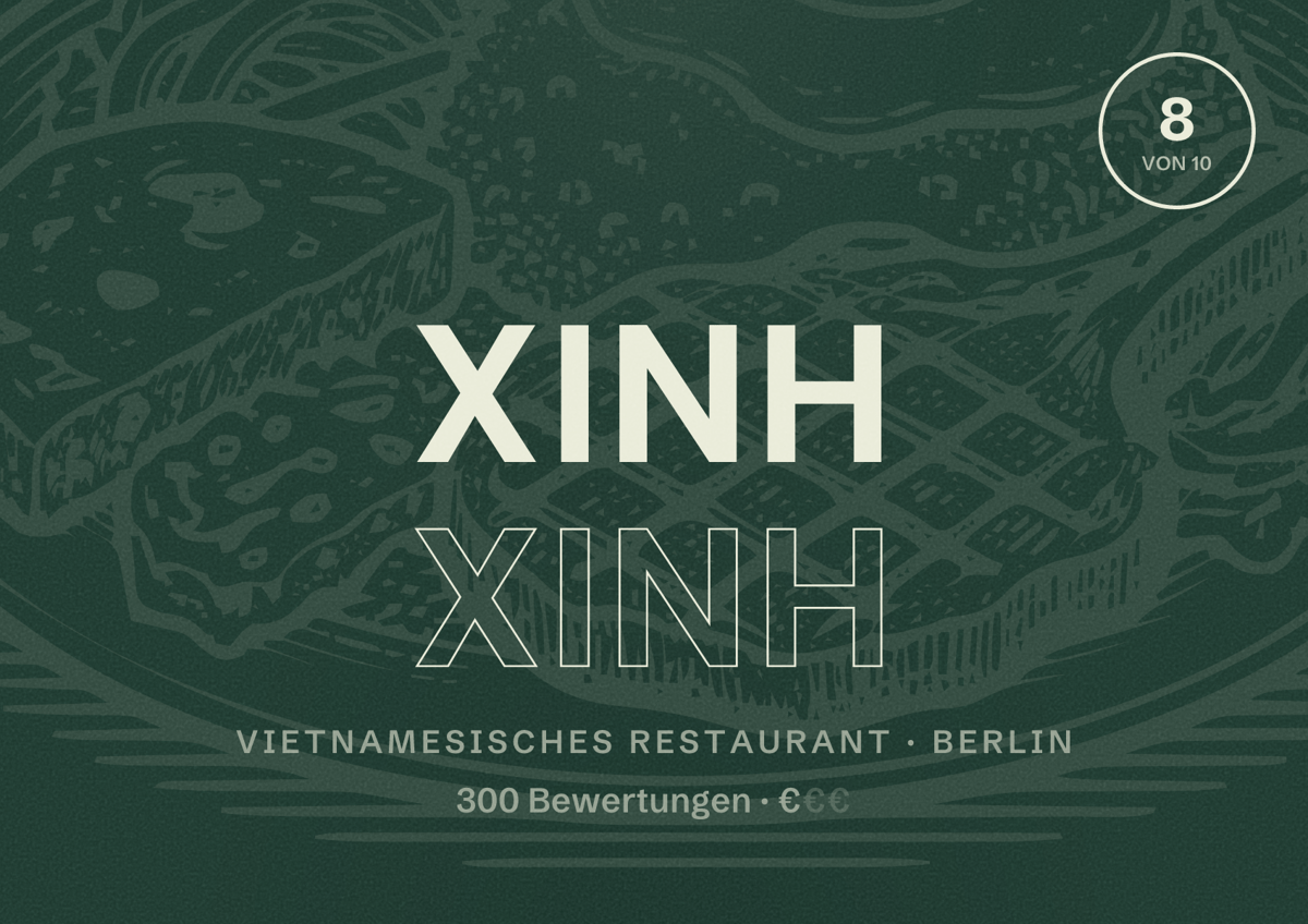 Illustriertes Poster von Xinh Xinh, Vietnamesisches Restaurant in Berlin: Bewertung 8,0 von 10 aus 300 Bewertungen, Preisniveau €