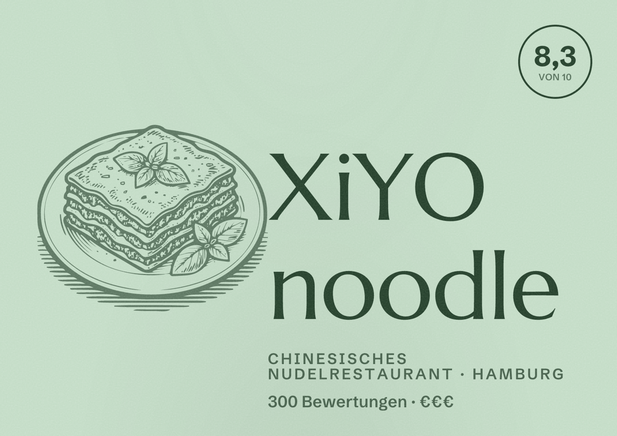 Illustriertes Poster von XiYO noodle, Chinesisches Nudelrestaurant in Hamburg: Bewertung 8,3 von 10 aus 300 Bewertungen, Preisniveau €€€