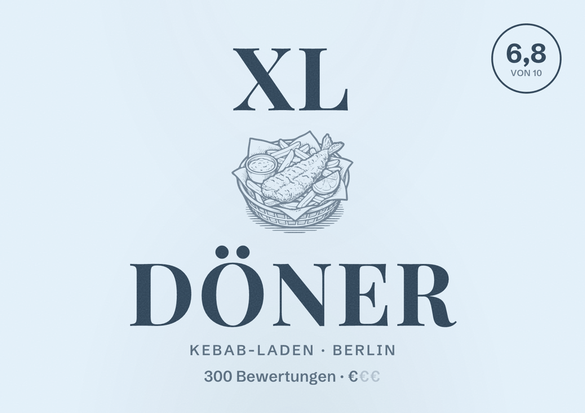 Illustriertes Poster von XL Döner, Kebab-Laden in Berlin: Bewertung 6,8 von 10 aus 300 Bewertungen, Preisniveau €