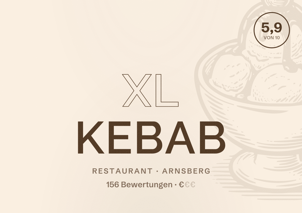 Illustriertes Poster von XL Kebab, Restaurant in Arnsberg: Bewertung 5,9 von 10 aus 156 Bewertungen, Preisniveau €