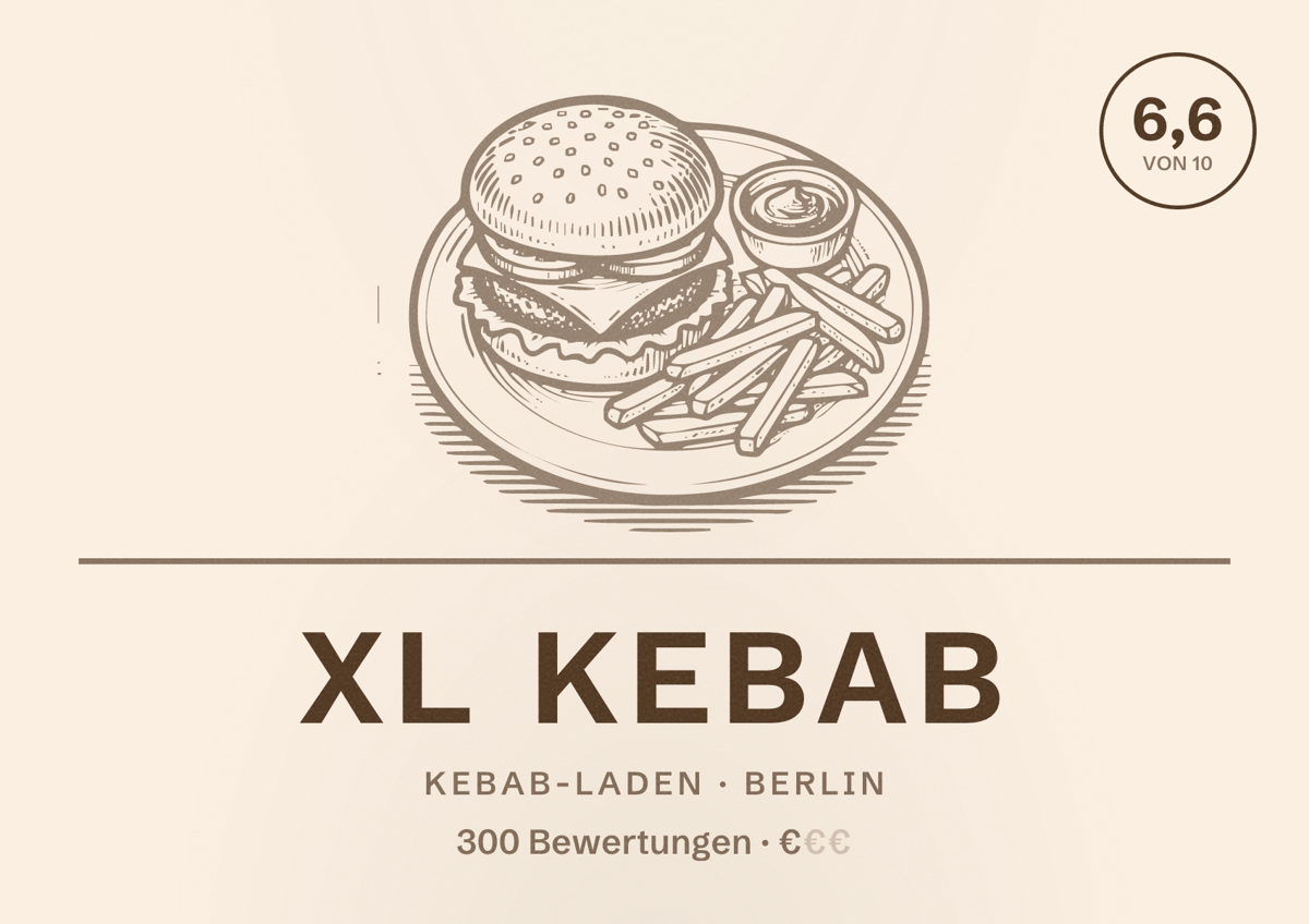 Illustriertes Poster von XL Kebab, Kebab-Laden in Berlin: Bewertung 6,6 von 10 aus 300 Bewertungen, Preisniveau €