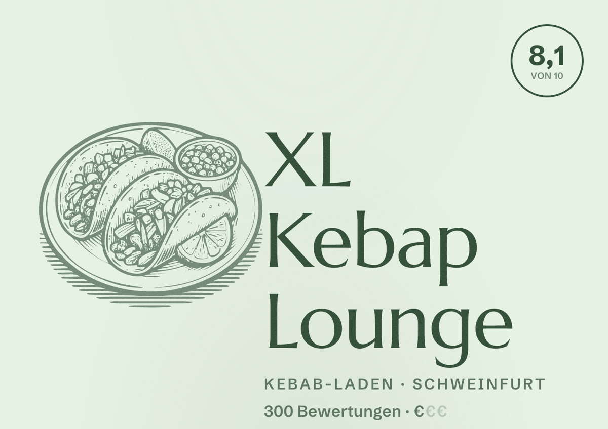 Illustriertes Poster von XL Kebap Lounge, Kebab-Laden in Schweinfurt: Bewertung 8,1 von 10 aus 300 Bewertungen, Preisniveau €