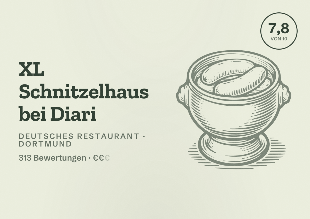 Illustriertes Poster von XL Schnitzelhaus bei Diari, Deutsches Restaurant in Dortmund: Gästebewertung 7,8 von 10 aus 313 Bewertungen