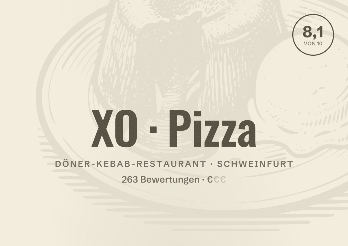 Illustriertes Poster von XO Pizza, Döner-Kebab-Restaurant in Schweinfurt: Bewertung 8,1 von 10 aus 263 Bewertungen, Preisniveau €