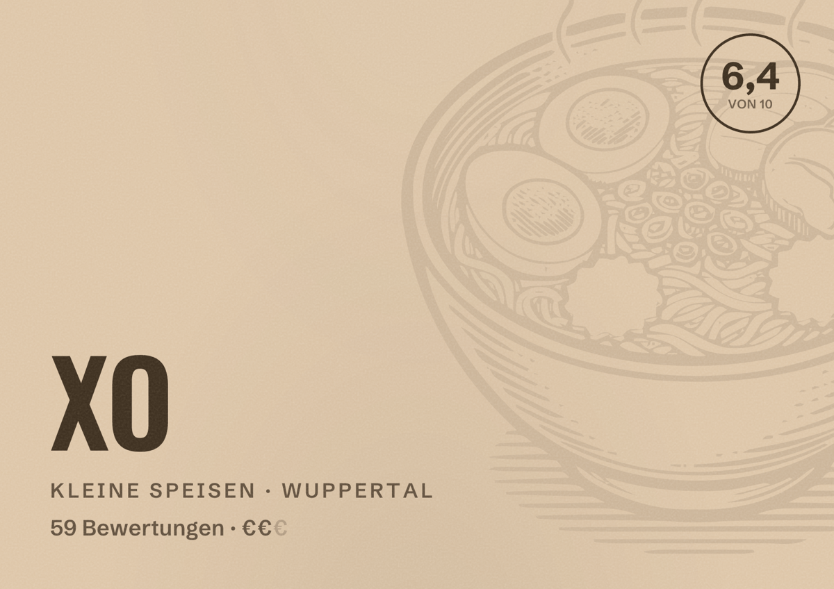 Illustriertes Poster von XO, Kleine Speisen in Wuppertal: Bewertung 6,4 von 10 aus 59 Bewertungen, Preisniveau €€