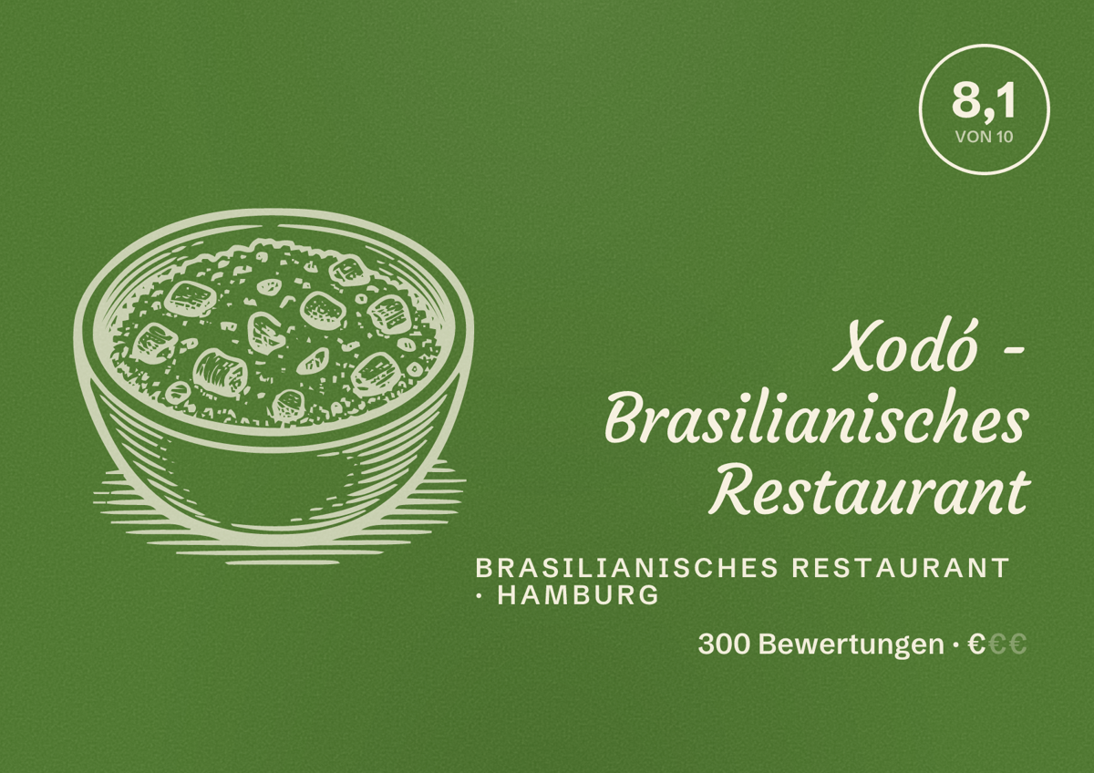 Illustriertes Poster von Xodó - Brasilianisches Restaurant, Brasilianisches Restaurant in Hamburg: Bewertung 8,1 von 10 aus 300 Bewertungen, Preisniveau €