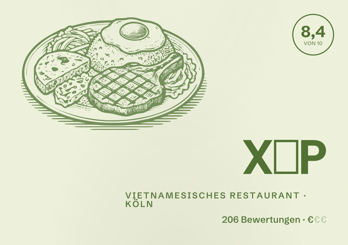 Illustriertes Poster von XỐP, Vietnamesisches Restaurant in Köln: Bewertung 8,4 von 10 aus 206 Bewertungen, Preisniveau €