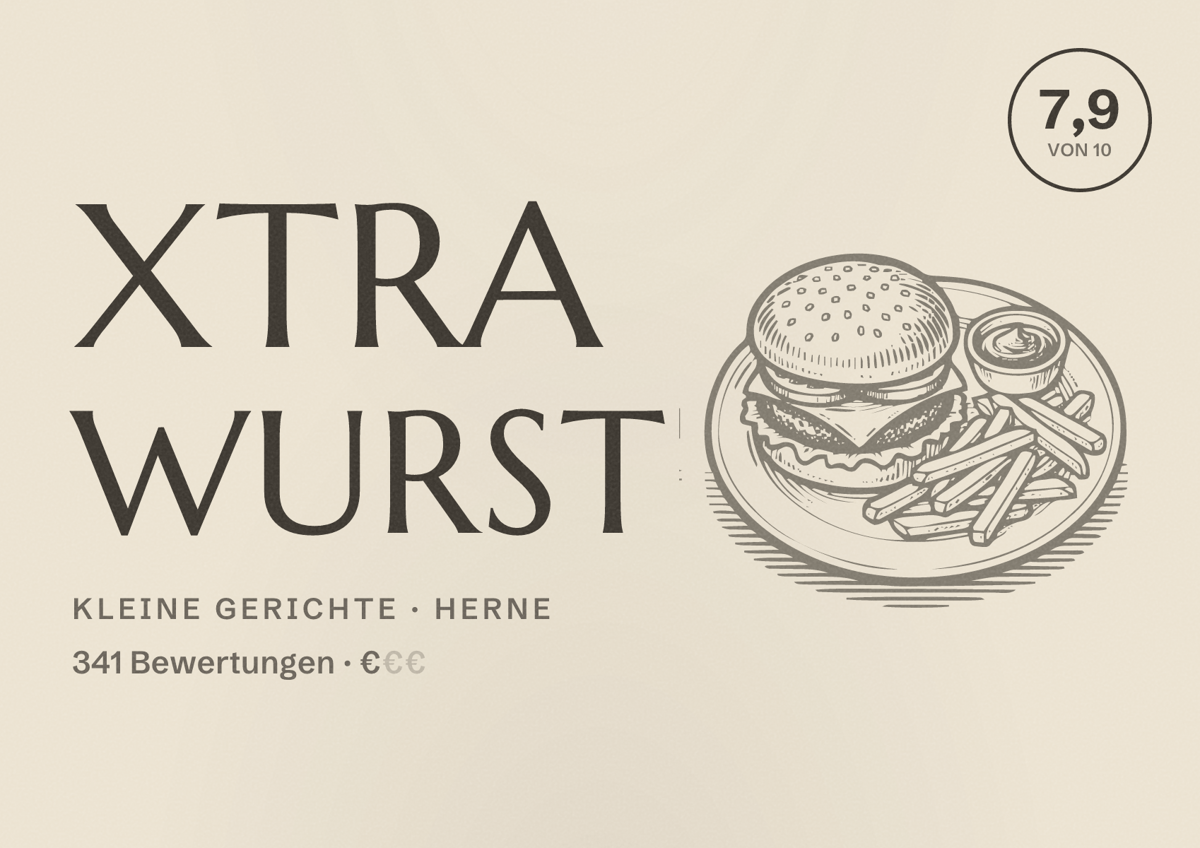 Illustriertes Poster von Xtra Wurst, Kleine Gerichte in Herne: Bewertung 7,9 von 10 aus 341 Bewertungen, Preisniveau €