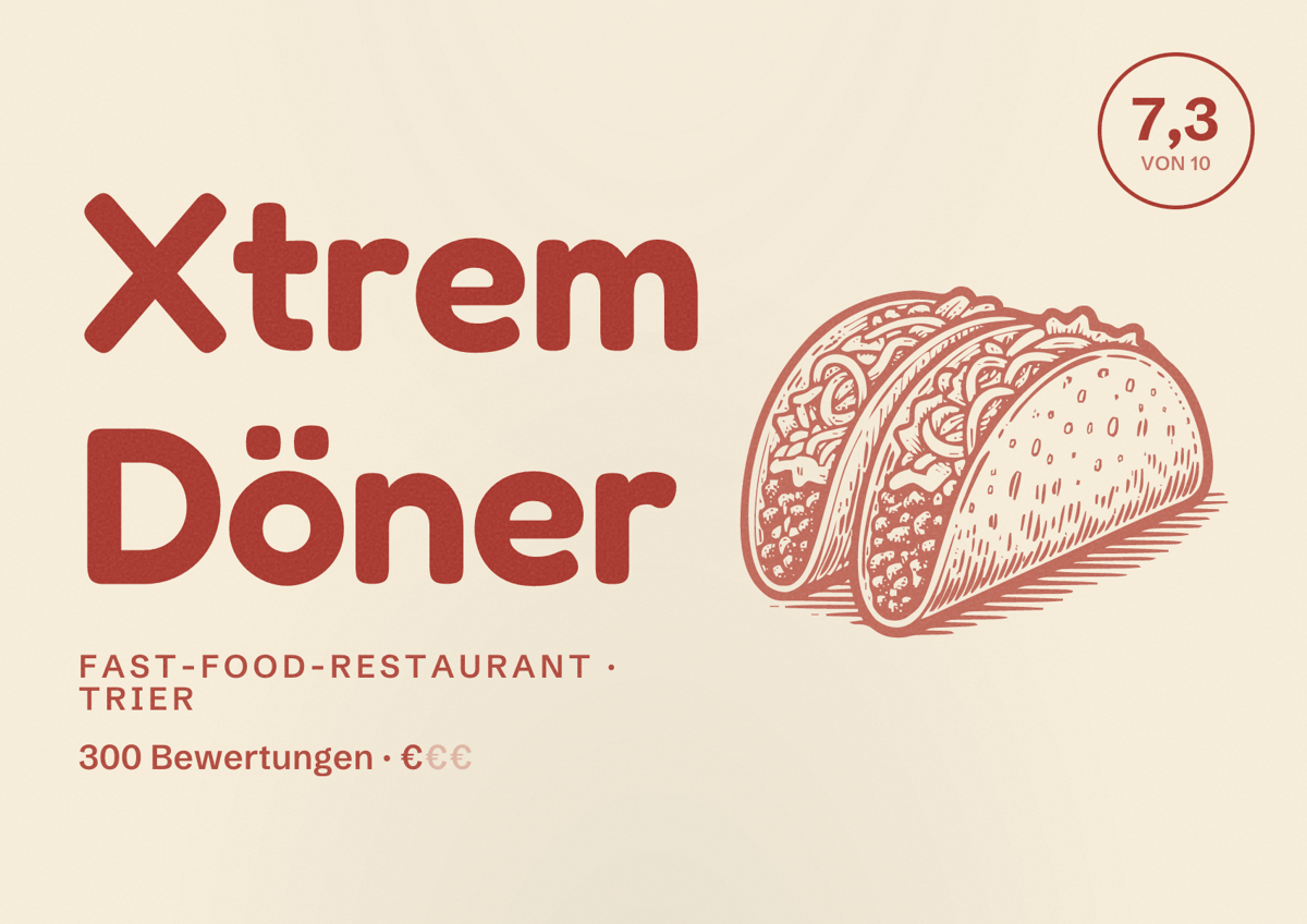 Illustriertes Poster von Xtrem Döner, Fast-Food-Restaurant in Trier: Bewertung 7,3 von 10 aus 300 Bewertungen, Preisniveau €