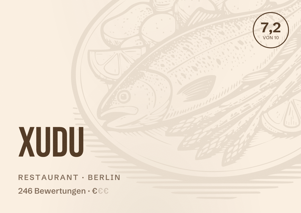 Illustriertes Poster von XUDU, Restaurant in Berlin: Bewertung 7,2 von 10 aus 246 Bewertungen, Preisniveau €