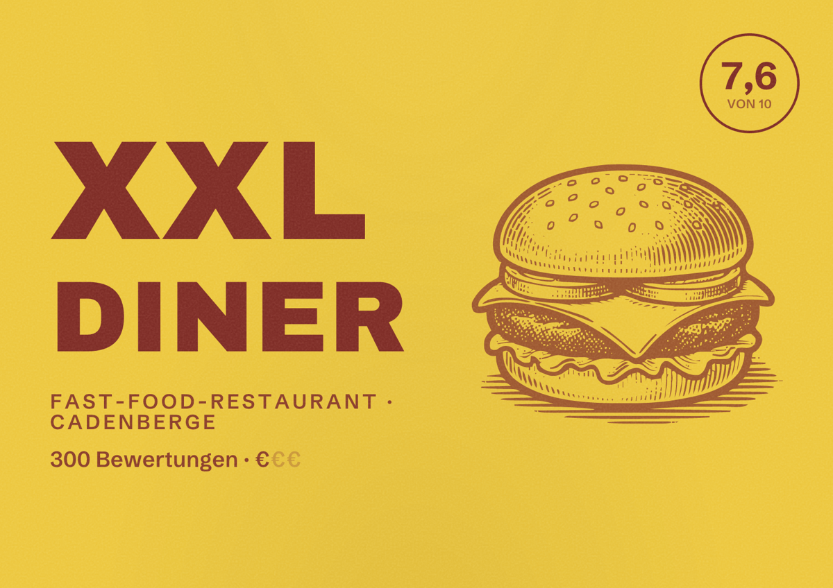Illustriertes Poster von XXL Diner, Fast-Food-Restaurant in Cadenberge: Bewertung 7,6 von 10 aus 300 Bewertungen, Preisniveau €