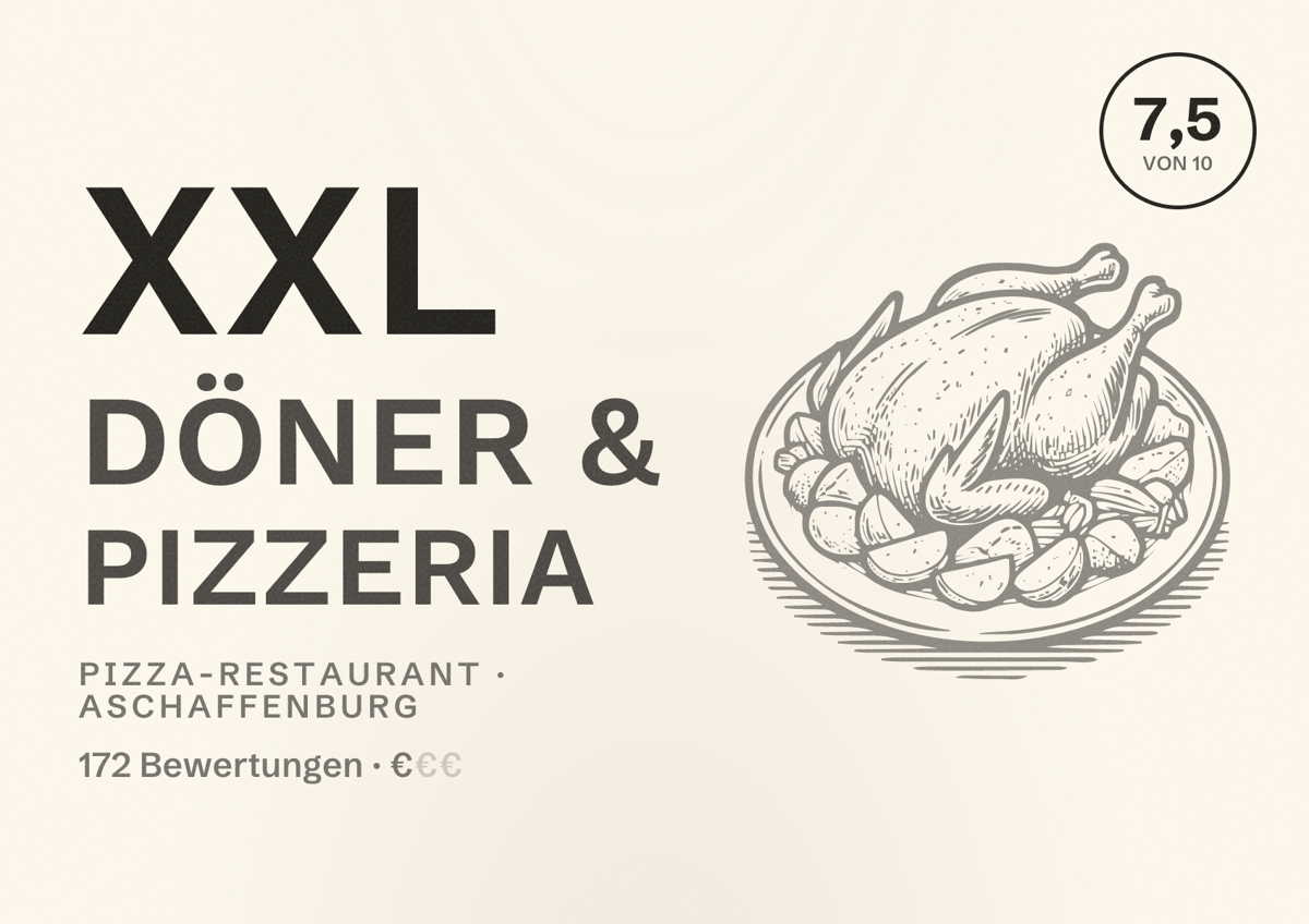 Illustriertes Poster von XXL Döner & Pizzeria, Pizza-Restaurant in Aschaffenburg: Bewertung 7,5 von 10 aus 172 Bewertungen, Preisniveau €