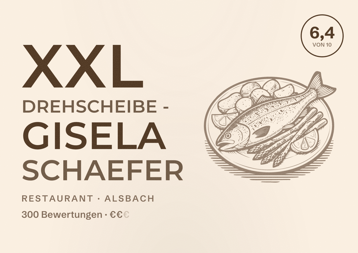 Illustriertes Poster von XXL Drehscheibe - Gisela Schaefer, Restaurant in Alsbach: Bewertung 6,4 von 10 aus 300 Bewertungen, Preisniveau €€