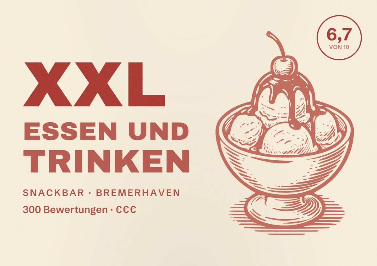 Illustriertes Poster von XXL Essen und Trinken, Snackbar in Bremerhaven: Bewertung 6,7 von 10 aus 300 Bewertungen, Preisniveau €€€