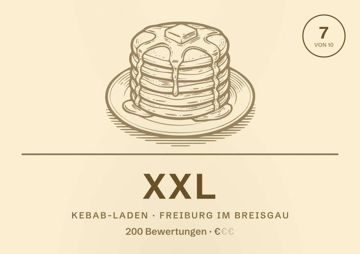 Illustriertes Poster von XXL, Kebab-Laden in Freiburg im Breisgau: Bewertung 7,0 von 10 aus 200 Bewertungen, Preisniveau €
