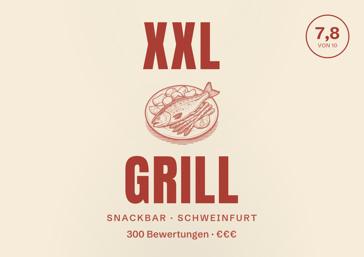 Illustriertes Poster von XXL Grill, Snackbar in Schweinfurt: Bewertung 7,8 von 10 aus 300 Bewertungen, Preisniveau €€€