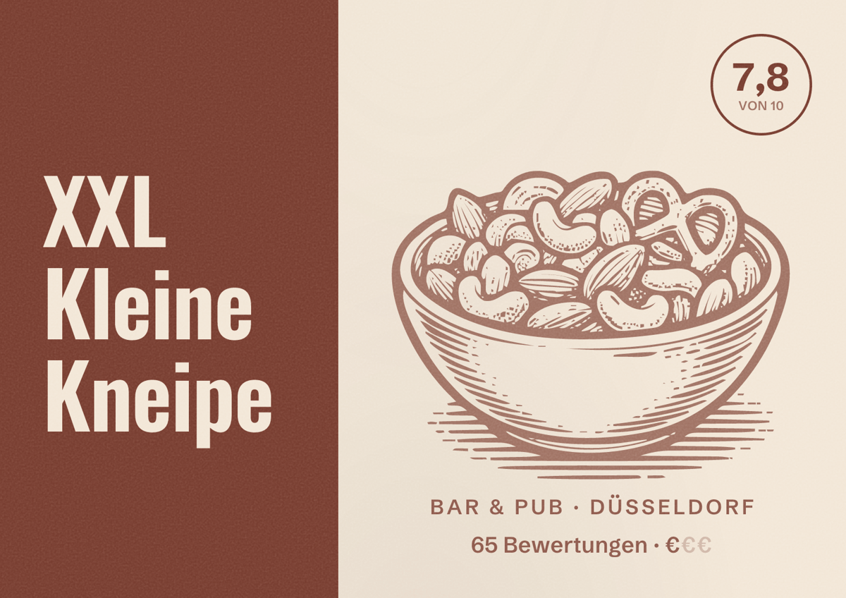 Illustriertes Poster von XXL Kleine Kneipe, Bar & Pub in Düsseldorf: Bewertung 7,8 von 10 aus 65 Bewertungen, Preisniveau €