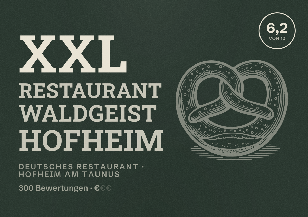 Illustriertes Poster von XXL Restaurant Waldgeist Hofheim, Deutsches Restaurant in Hofheim am Taunus: Bewertung 6,2 von 10 aus 300 Bewertungen, Preisniveau €