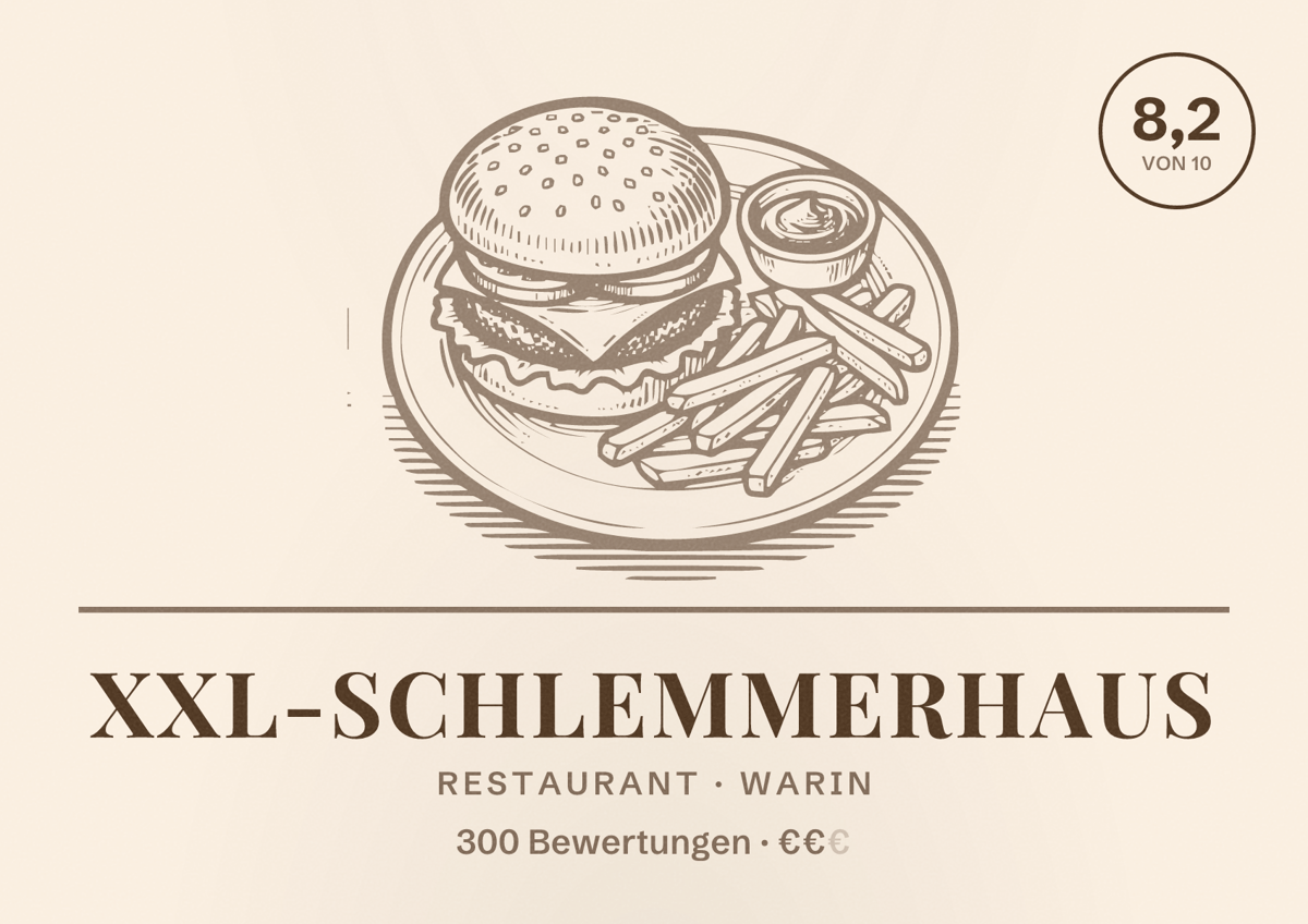 Illustriertes Poster von XXL-Schlemmerhaus, Restaurant in Warin: Bewertung 8,2 von 10 aus 300 Bewertungen, Preisniveau €€
