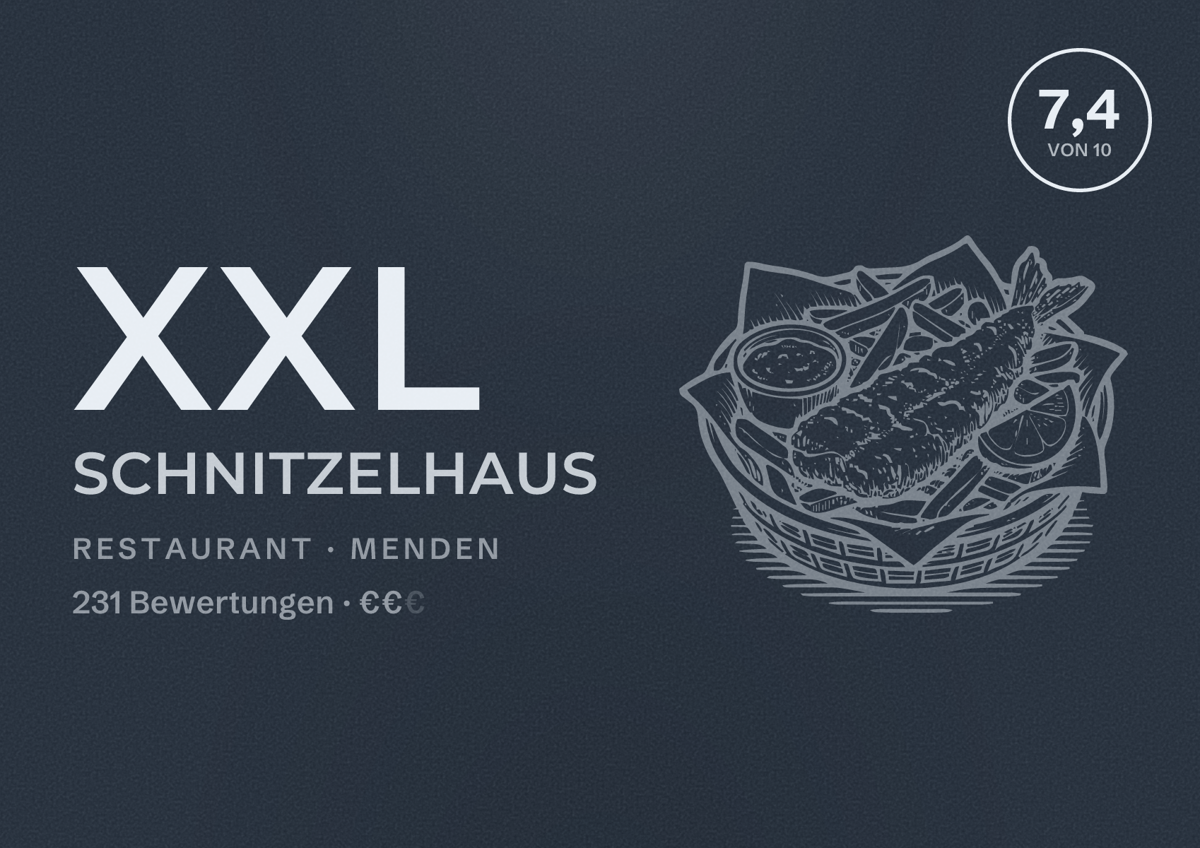 Illustriertes Poster von XXL Schnitzelhaus, Restaurant in Menden: Bewertung 7,4 von 10 aus 231 Bewertungen, Preisniveau €€