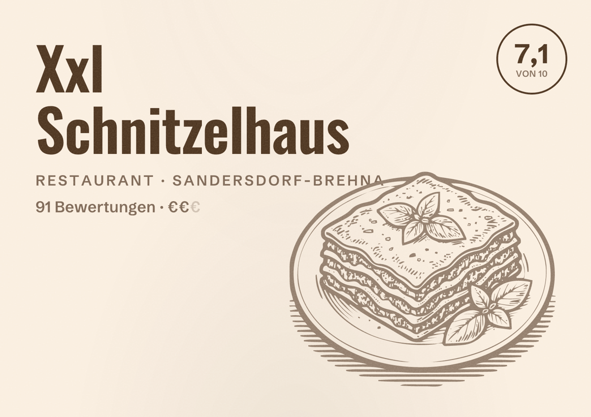 Illustriertes Poster von Xxl Schnitzelhaus, Restaurant in Sandersdorf-Brehna: Bewertung 7,1 von 10 aus 91 Bewertungen, Preisniveau €€