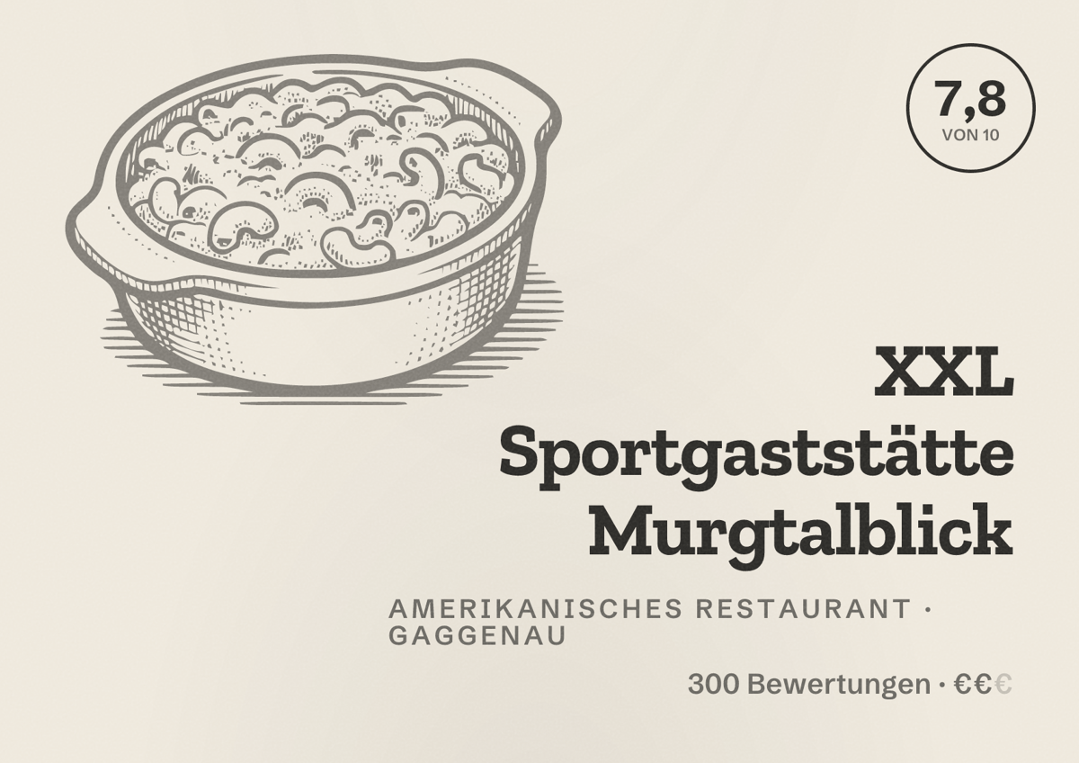 Illustriertes Poster von XXL Sportgaststätte Murgtalblick, Amerikanisches Restaurant in Gaggenau: Bewertung 7,8 von 10 aus 300 Bewertungen, Preisniveau €€
