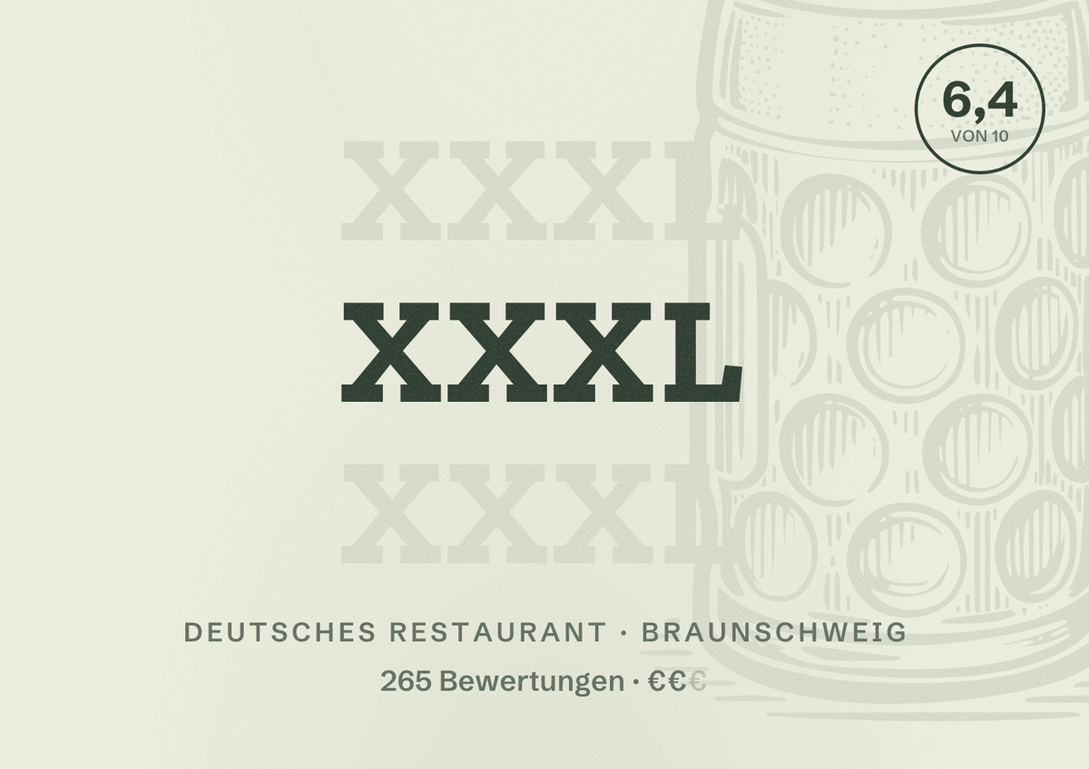 Illustriertes Poster von XXXL, Deutsches Restaurant in Braunschweig: Bewertung 6,4 von 10 aus 265 Bewertungen, Preisniveau €€