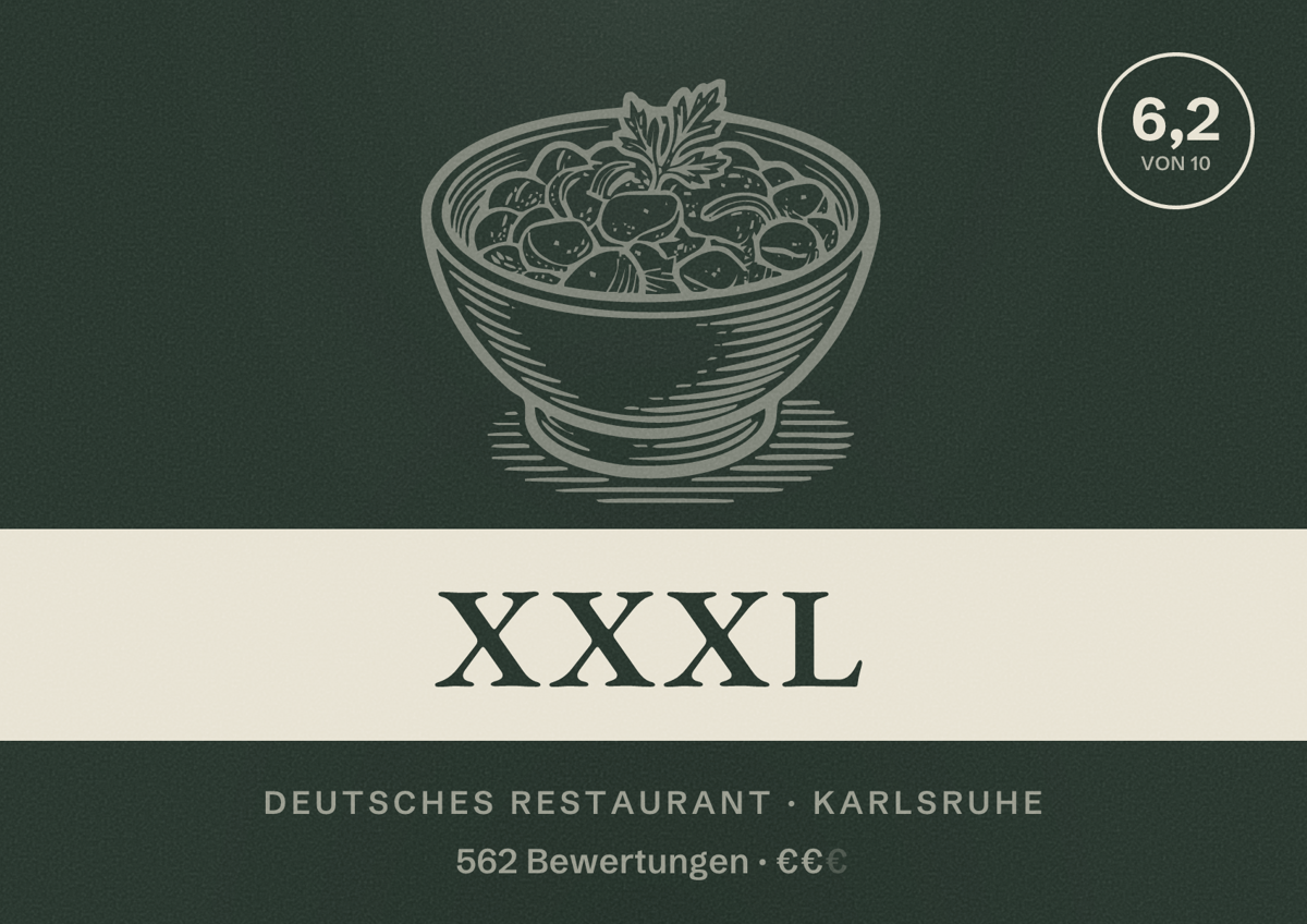 Illustriertes Poster von XXXL, Deutsches Restaurant in Karlsruhe: Bewertung 6,2 von 10 aus 562 Bewertungen, Preisniveau €€