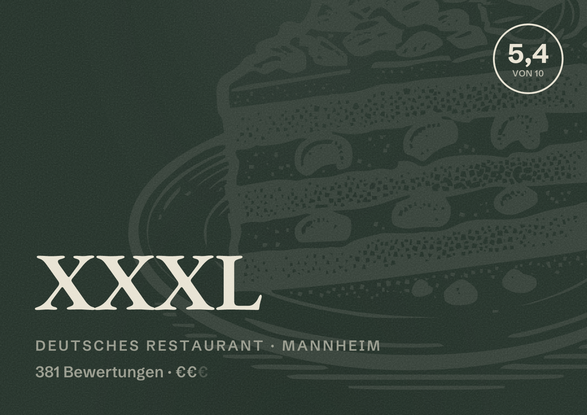 Illustriertes Poster von XXXL, Deutsches Restaurant in Mannheim: Bewertung 5,4 von 10 aus 381 Bewertungen, Preisniveau €€