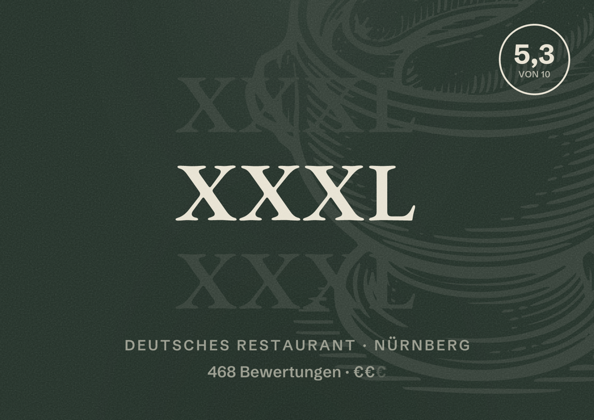 Illustriertes Poster von XXXL, Deutsches Restaurant in Nürnberg: Bewertung 5,3 von 10 aus 468 Bewertungen, Preisniveau €€