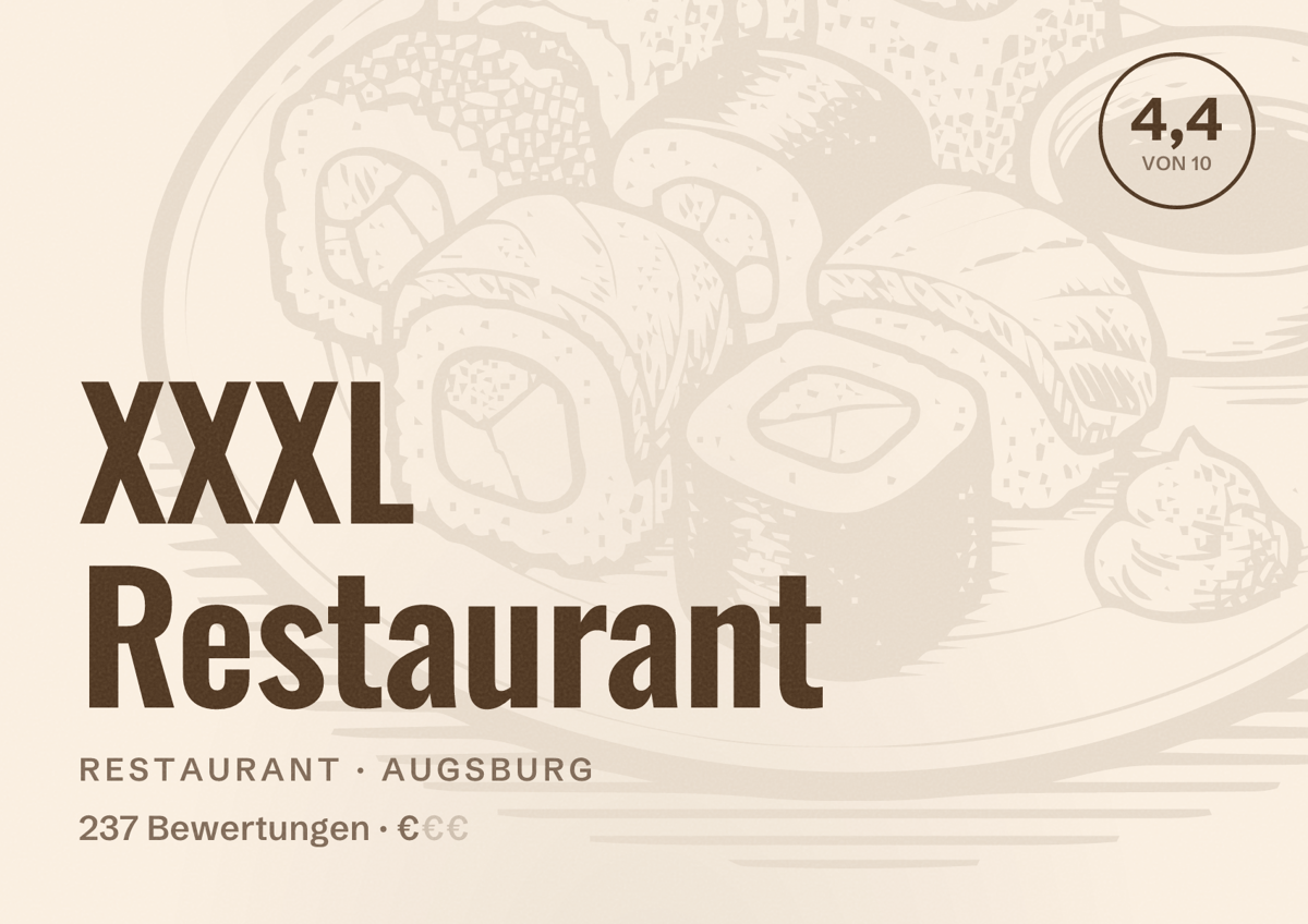Illustriertes Poster von XXXL Restaurant, Restaurant in Augsburg: Bewertung 4,4 von 10 aus 237 Bewertungen, Preisniveau €
