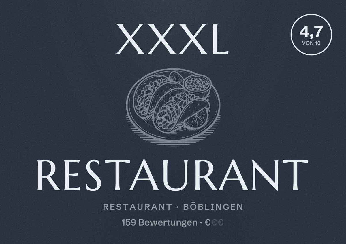Illustriertes Poster von XXXL Restaurant, Restaurant in Böblingen: Bewertung 4,7 von 10 aus 159 Bewertungen, Preisniveau €