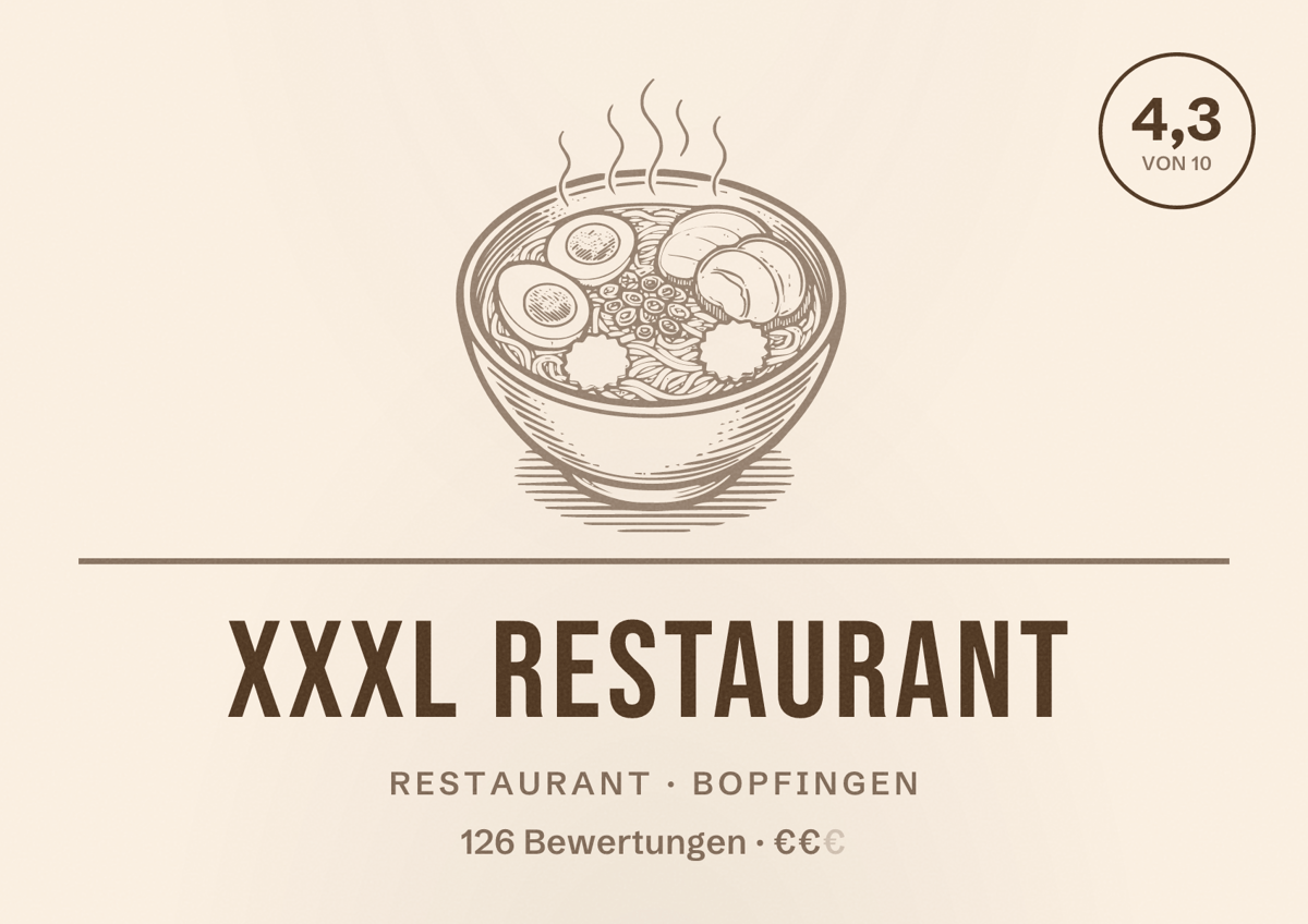 Illustriertes Poster von XXXL Restaurant, Restaurant in Bopfingen: Bewertung 4,3 von 10 aus 126 Bewertungen, Preisniveau €€