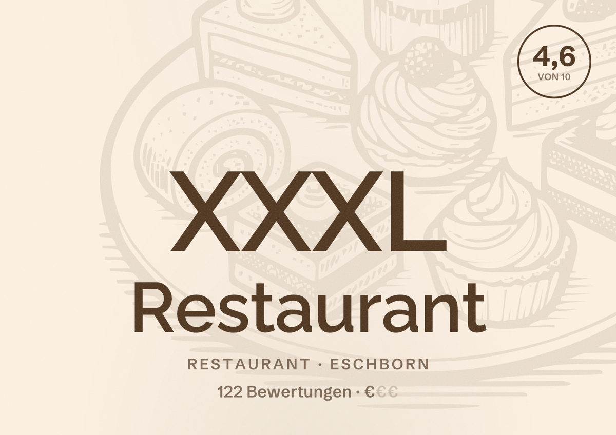 Illustriertes Poster von XXXL Restaurant, Restaurant in Eschborn: Bewertung 4,6 von 10 aus 122 Bewertungen, Preisniveau €